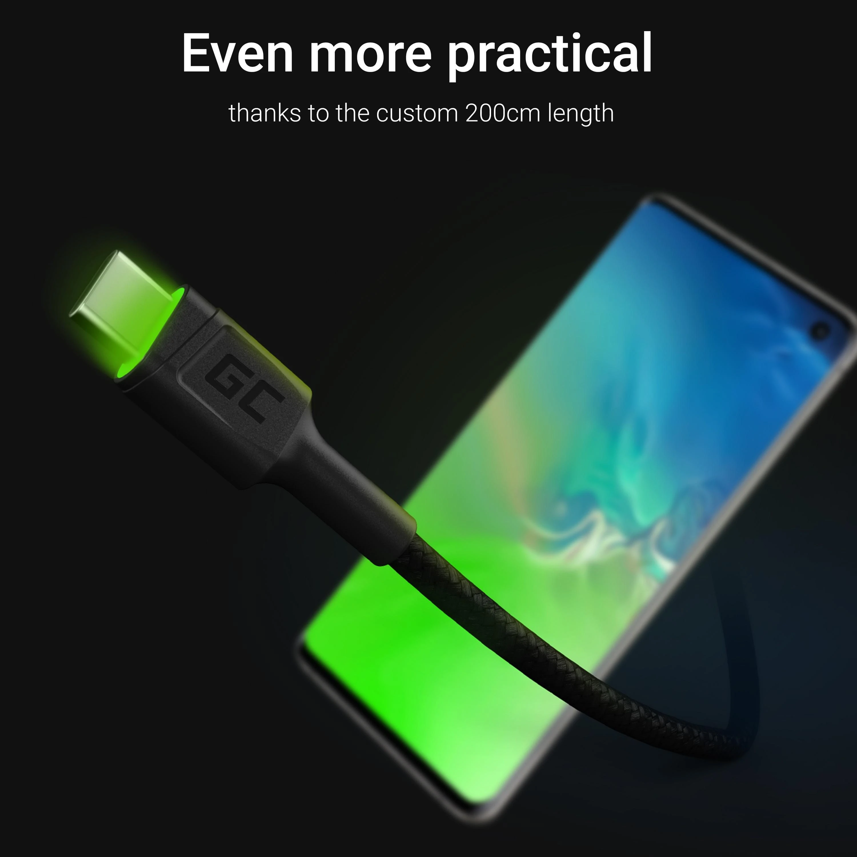 Green Cell Žalias Cell Cable Žalias Cell Ray USB-A - USB-C Žalias LED 200cm su Ultra Charge QC3.0 greito įkrovimo palaikymu