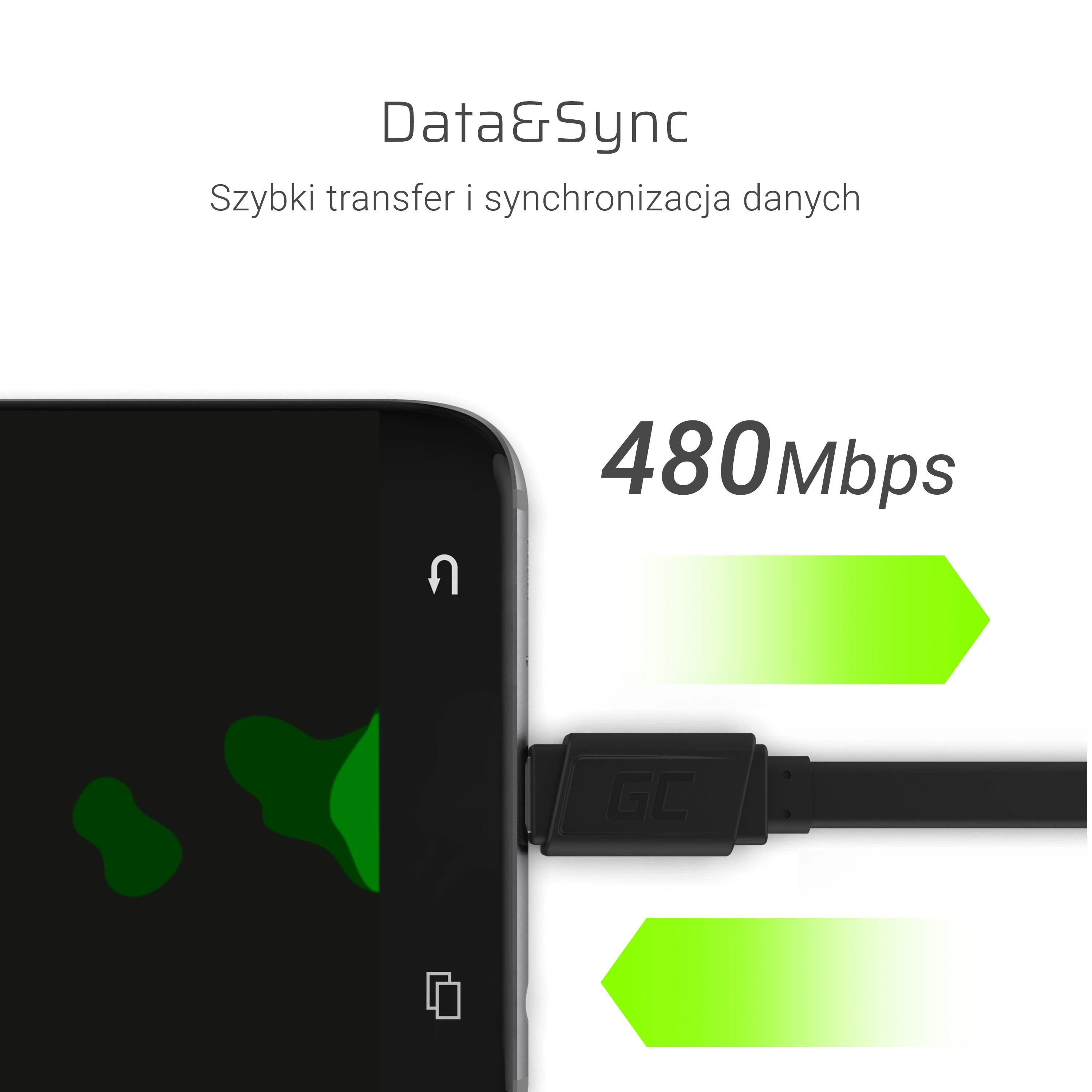 Green Cell Žalias Cell GREENCELL KABGC03 GCmatte USB-C Plokščias laidas 25 cm su greitu įkrovimu