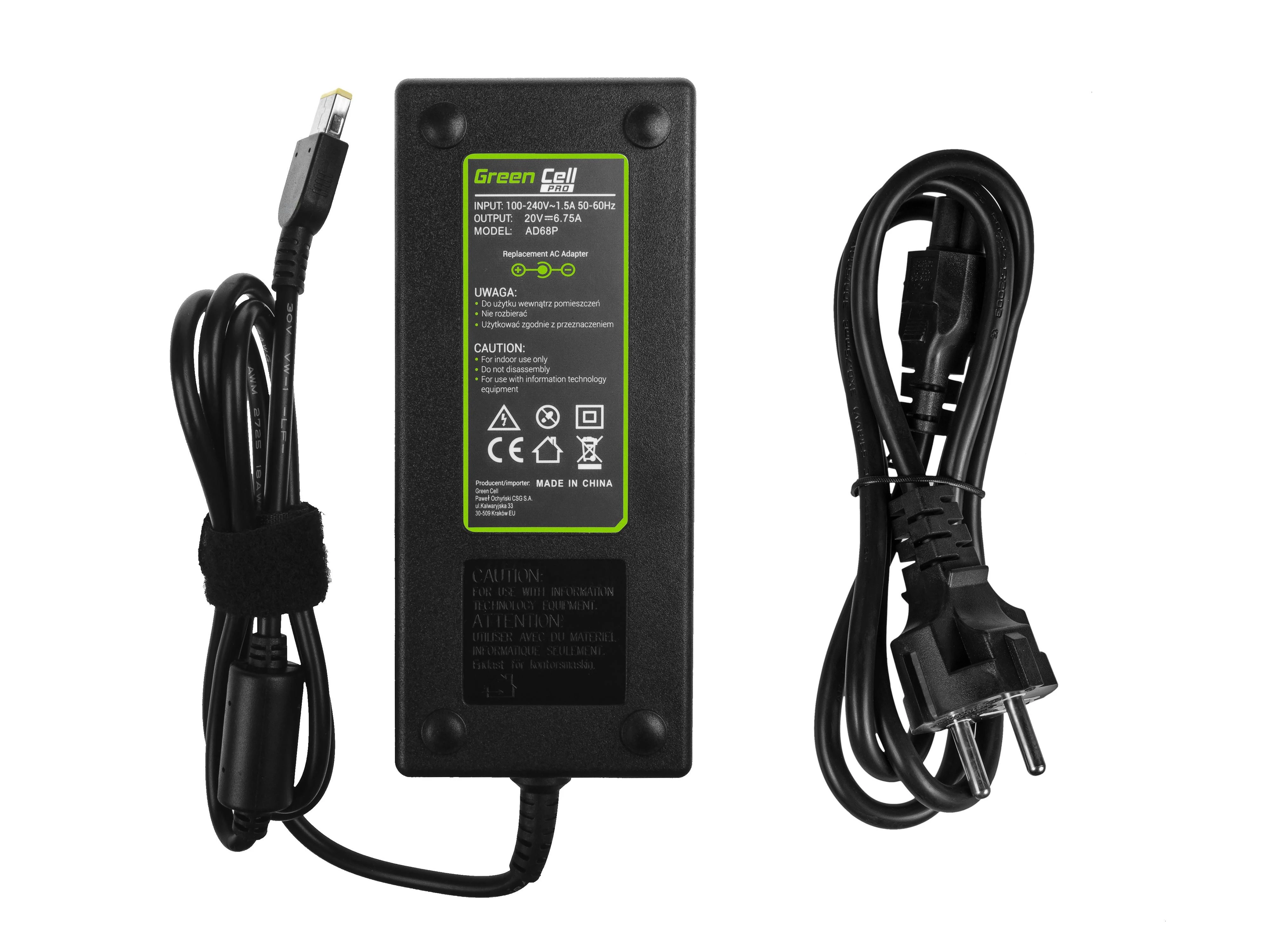 GREENCELL AD68P įkroviklis / kintamosios srovės adapteris Žalias Cell PRO 20V 6.75A 135W, skirtas Lenovo Y70 Y50-70 Y70 Y70