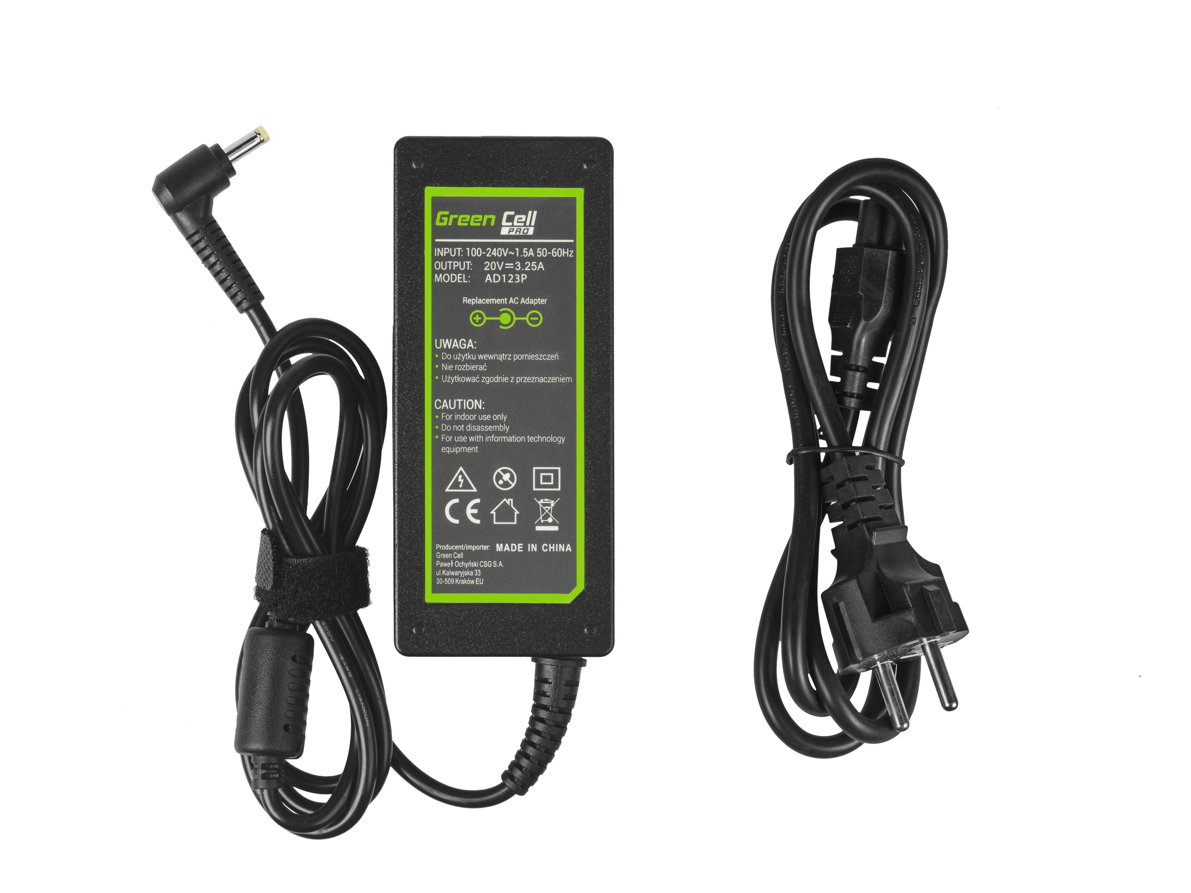 GREENCELL AD123P Žalias Cell PRO įkroviklis / kintamosios srovės adapteris, skirtas Lenovo 65W / 20V 3.25A / 4.0mm-1.7mm