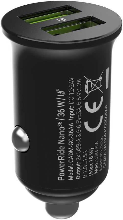 Green Cell Žalias Cell Žalias Cell automobilinis įkroviklis 36W GC PowerRide Nano36 su 2x USB-A Ultra Charge greitas įkrovimas