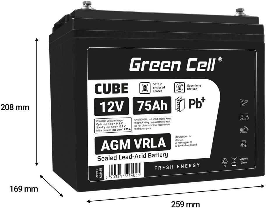 Green Cell Žalias Cell Žalias Cell CUBE AGM IP54 12V 75Ah VRLA Baterija Gel gilaus ciklo maitinimo kėdutė fotovoltinė laisvalaikio baterija kemperis