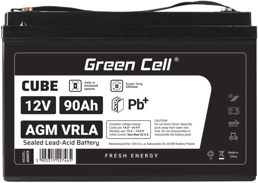 Green Cell 90Ah AGM baterija – priekinis vaizdas su techniniais duomenimis