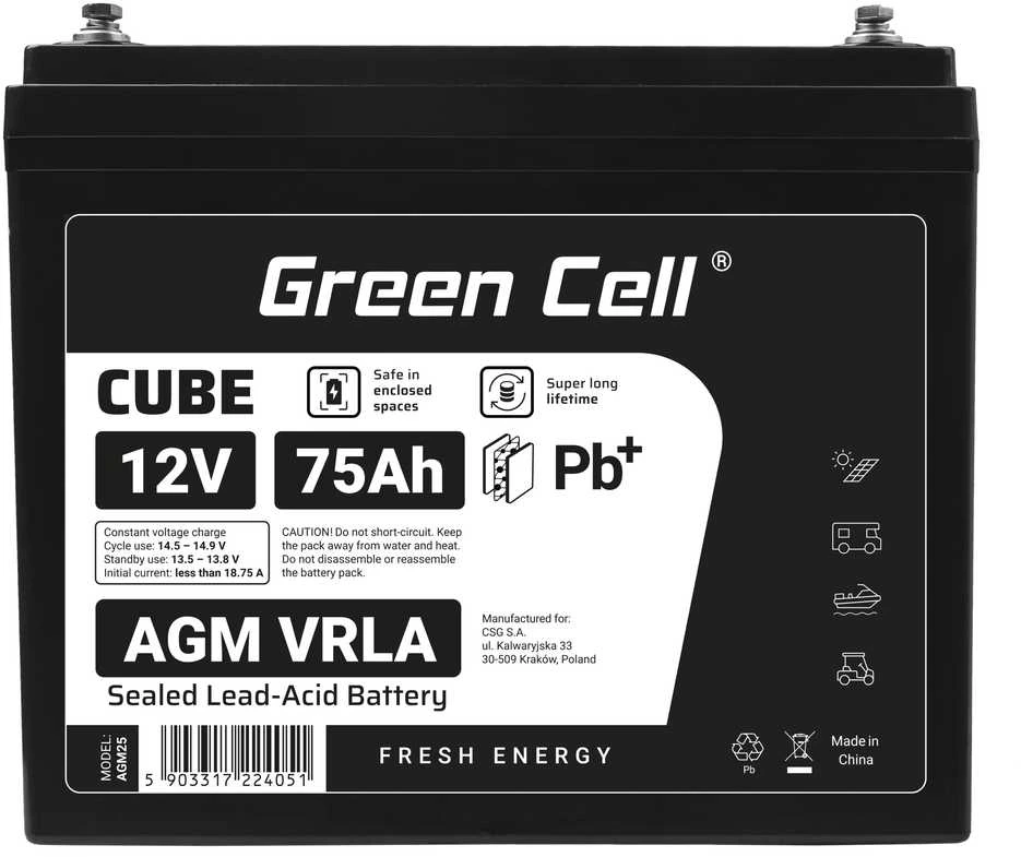 Green Cell Žalias Cell Žalias Cell CUBE AGM IP54 12V 75Ah VRLA Baterija Gel gilaus ciklo maitinimo kėdutė fotovoltinė laisvalaikio baterija kemperis