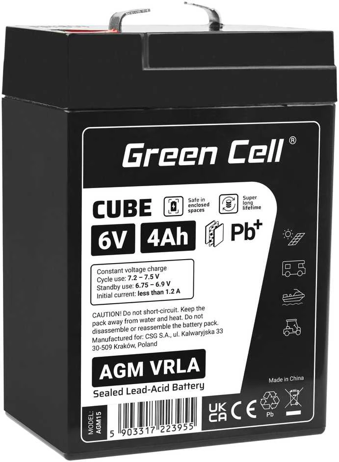 Green Cell Žalias Cell Žalias Cell Cube AGM VRLA IP54 6V 4Ah Nereikalaujantis priežiūros kasos aparato signalizacijos sistemos žaislų akumuliatorius