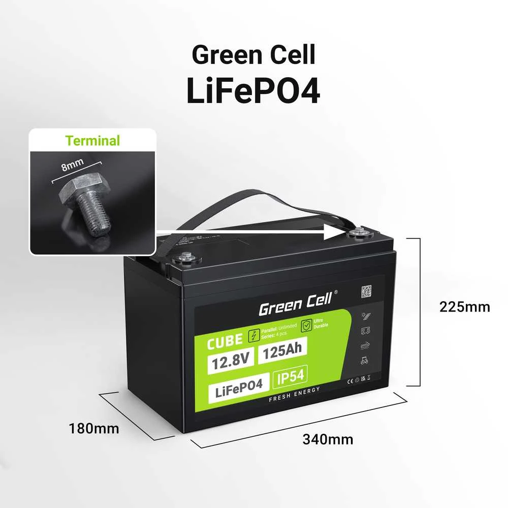 Green Cell Žalias Cell CUBE LiFePO4 125Ah 12,8V 1600Wh ličio geležies fosfato baterija kemperiui, saulės energijai, neprijungtai prie tinklo, laivui