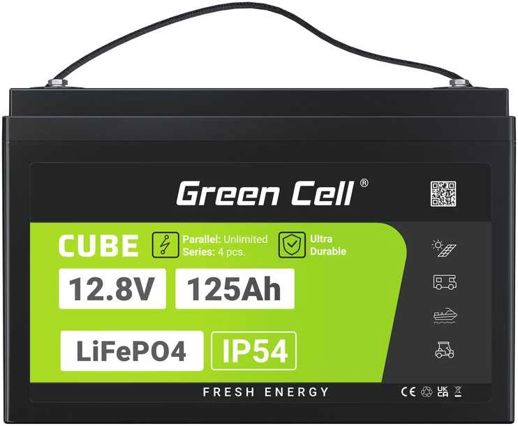 Green Cell Žalias Cell CUBE LiFePO4 125Ah 12,8V 1600Wh ličio geležies fosfato baterija kemperiui, saulės energijai, neprijungtai prie tinklo, laivui