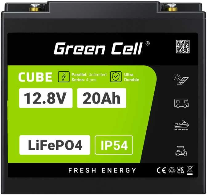 Green Cell Žalias Cell Žalias Cell CUBE LiFePO4 20Ah 12.8V 256Wh ličio geležies fosfato akumuliatorius skirtas traktoriui, vejapjovei, elektrinėms transporto priemonėms