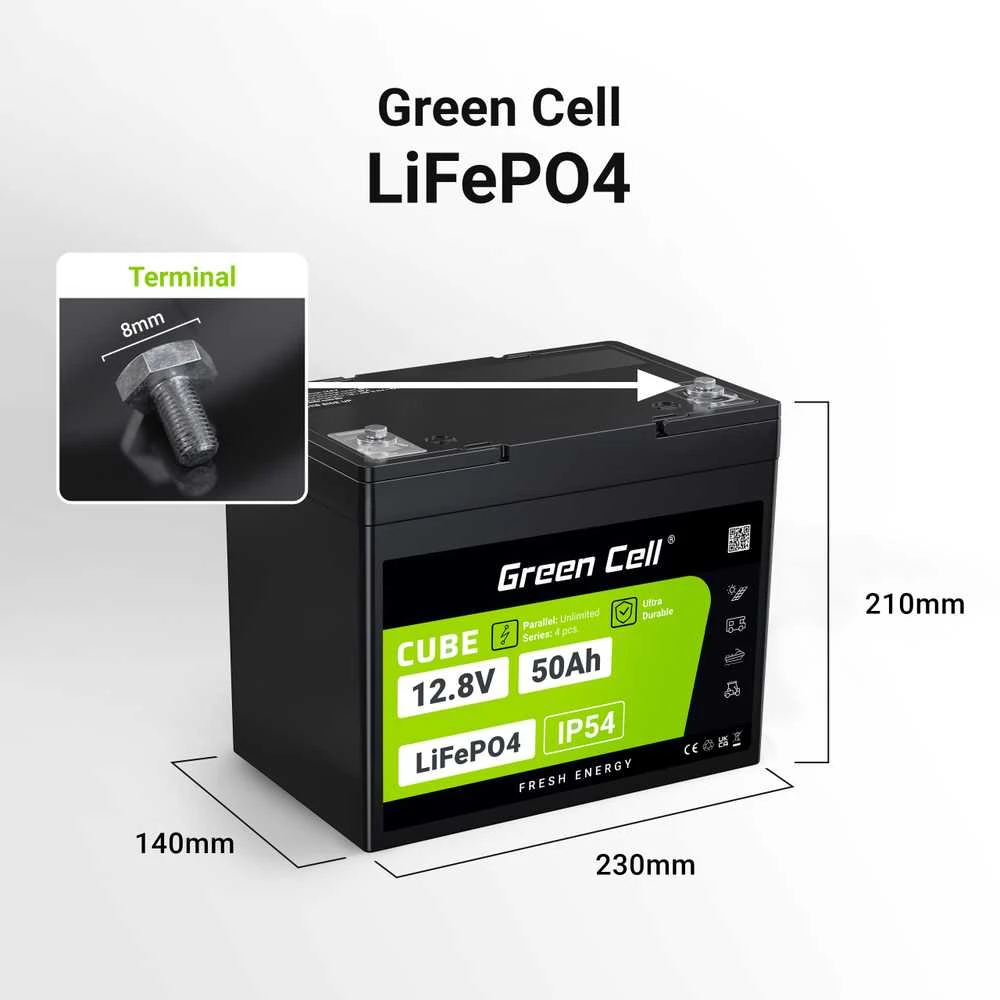Žalias Cell Žalias Cell CUBE LiFePO4 50Ah 12.8V 640Wh ličio geležies fosfato baterija kemperiui, golfo vežimėliui, vėjo jėgainei