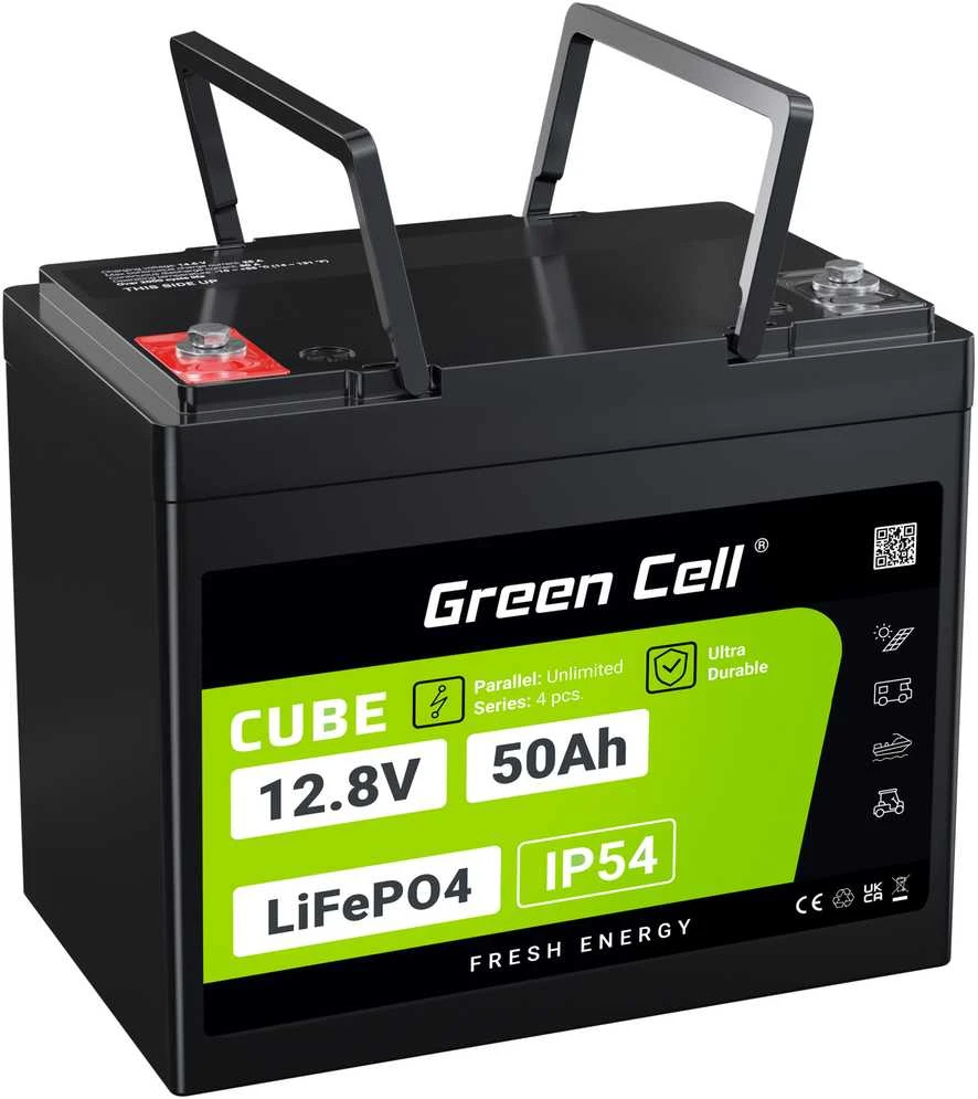 Žalias Cell Žalias Cell CUBE LiFePO4 50Ah 12.8V 640Wh ličio geležies fosfato baterija kemperiui, golfo vežimėliui, vėjo jėgainei