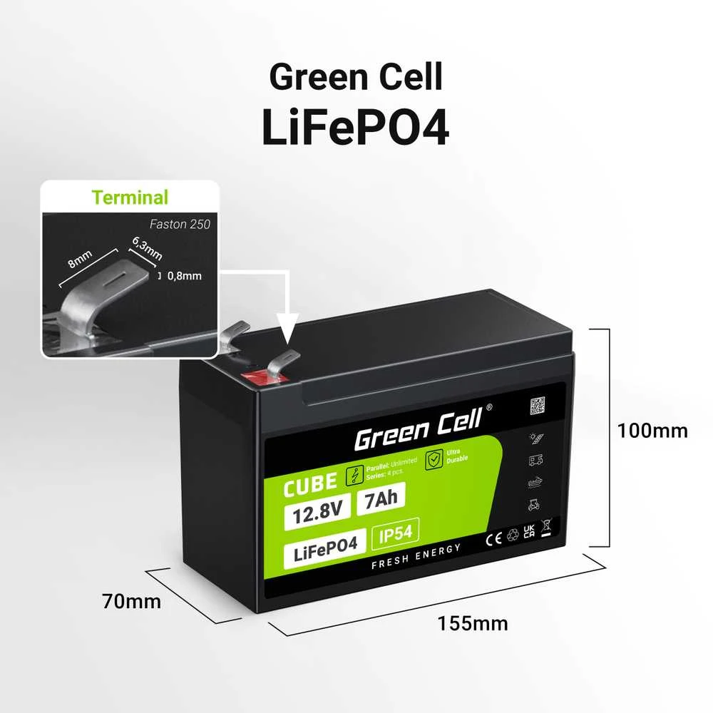 Žalias Cell Žalias Cell CUBE LiFePO4 7Ah 12.8V 89.6Wh ličio geležies fosfato baterija UPS, stebėjimas