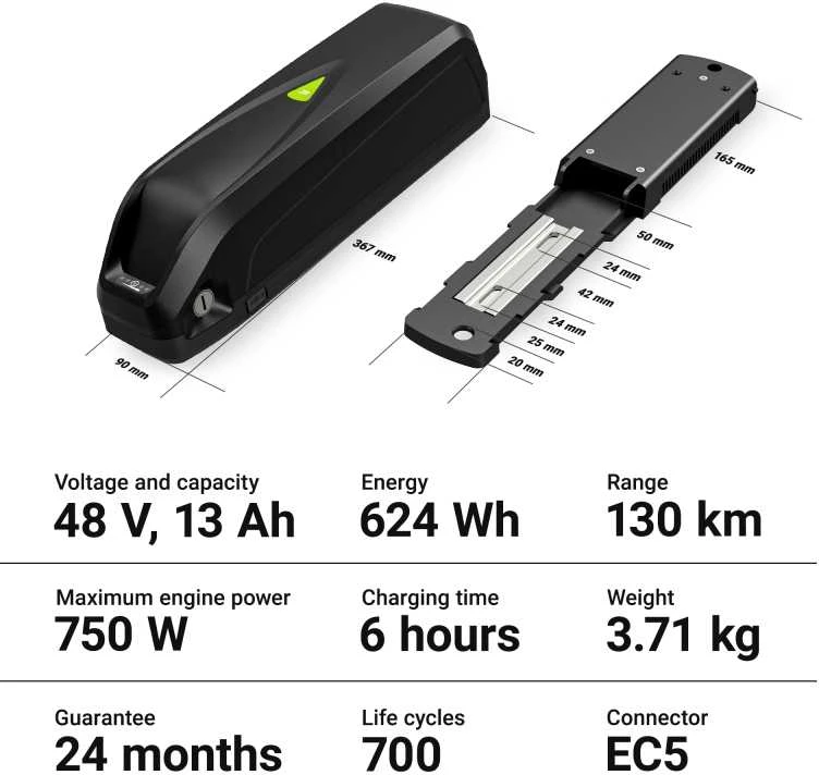 Green Cell Žalias Cell Žalias Cell E-bike akumuliatorius 48V 13Ah 624Wh Down Tube Ebike EC5 skirta Samebike SMLRO su įkrovikliu