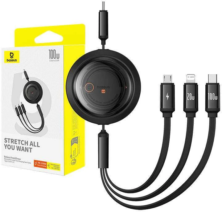 Greito įkrovimo laidas 3in1 Baseus Free2Draw USB-C prie USB-C/Lightning/Micro 100W, 1.1m (juodas)