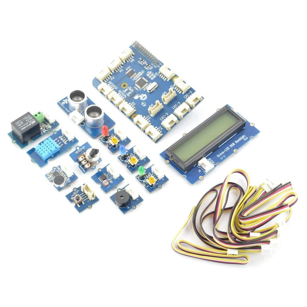 Grove Pi+ rinkinio komponentai su jutikliais ir LCD ekranu