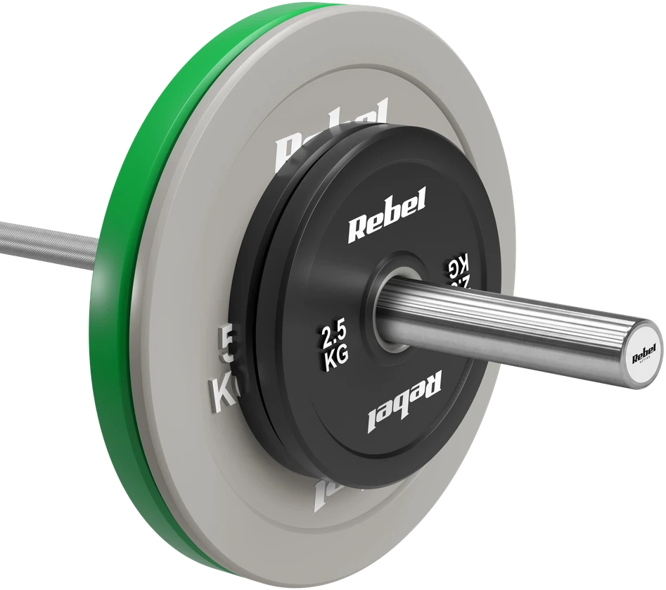 >>>Olimpiniai gumuoti BUMPER svareliai, BEAST serijos, rinkinys 2 x 2.5kg, skylės skersmuo 51 mm, REBEL ACTIVE