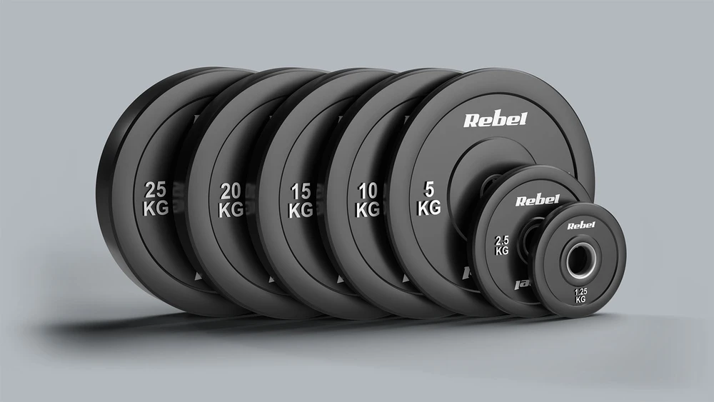 Olimpiniai gumuoti svarmenys BUMPER rinkinys 2x15kg, skylės skersmuo 51 mm, REBEL ACTIVE