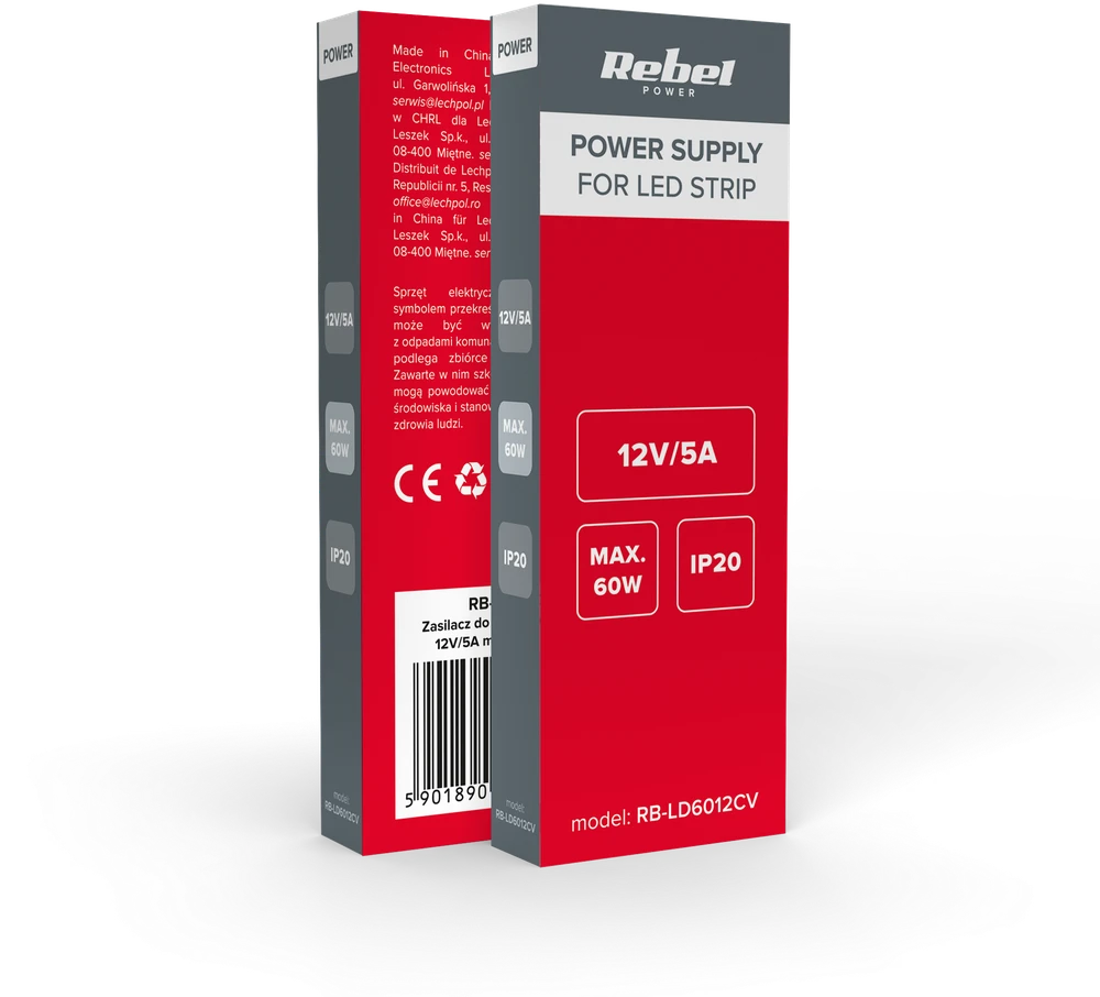 >>Rebel maitinimo šaltinis LED girliandoms 12V/5A, maks, 60W, IP20