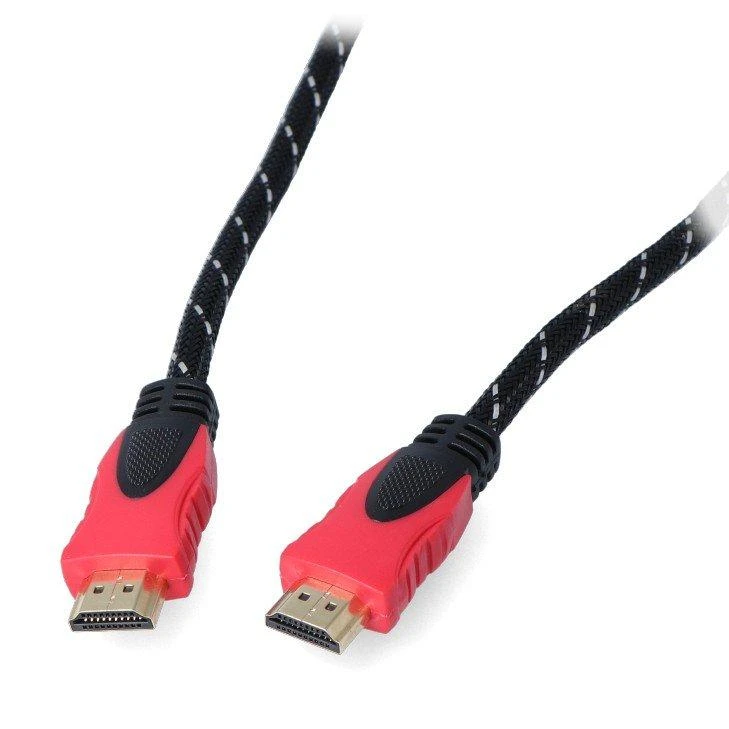 HDMI laidas su raudonomis jungtimis ir pintas kabelis