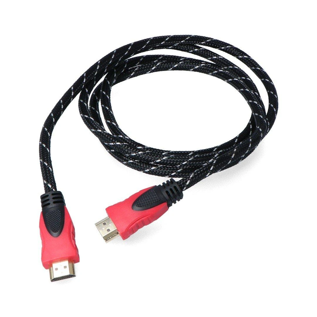 HDMI laidas su pintos tekstūros kabeliu ir raudonomis jungtimis