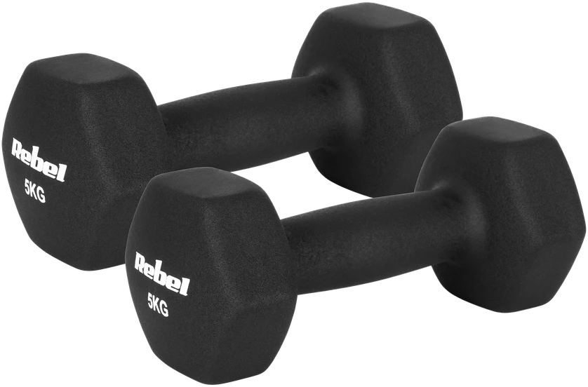 Hantelki HEX ketaus neopreno hantelių rinkinys 30 kg (2x1kg+2x2kg+2x3kg+2x4kg+2x5kg), REBEL ACTIVE