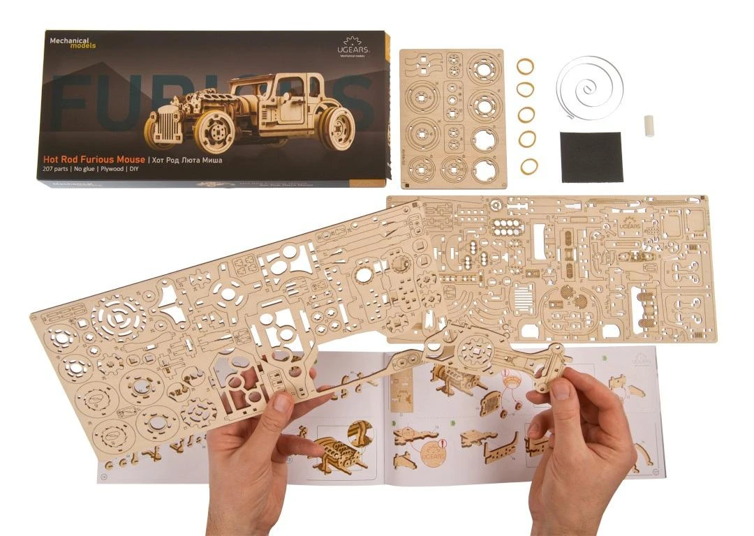 Dėlionė Hot Rod Furious Mouse - mini automobilis - mechaninis surinkimo modelis - fanera - 207 elementai - Ugearsmodels
