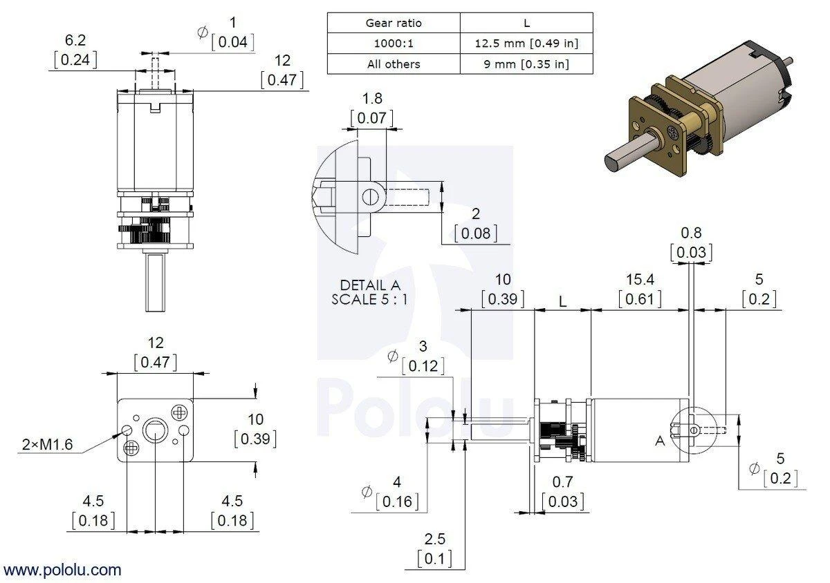 Pololu 3071 HPCB variklio techninis brėžinys