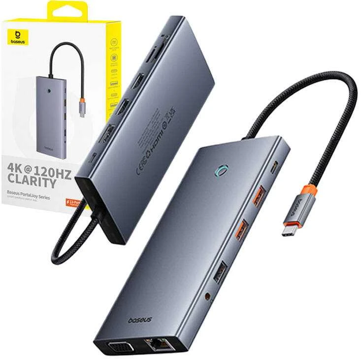 13in1 šakotuvas Baseus PortalJoy USB-C priedas HDMI+DP+VGA+C+USB+PD+RJ45+SD/TF+3.5 mm (pilkas)
