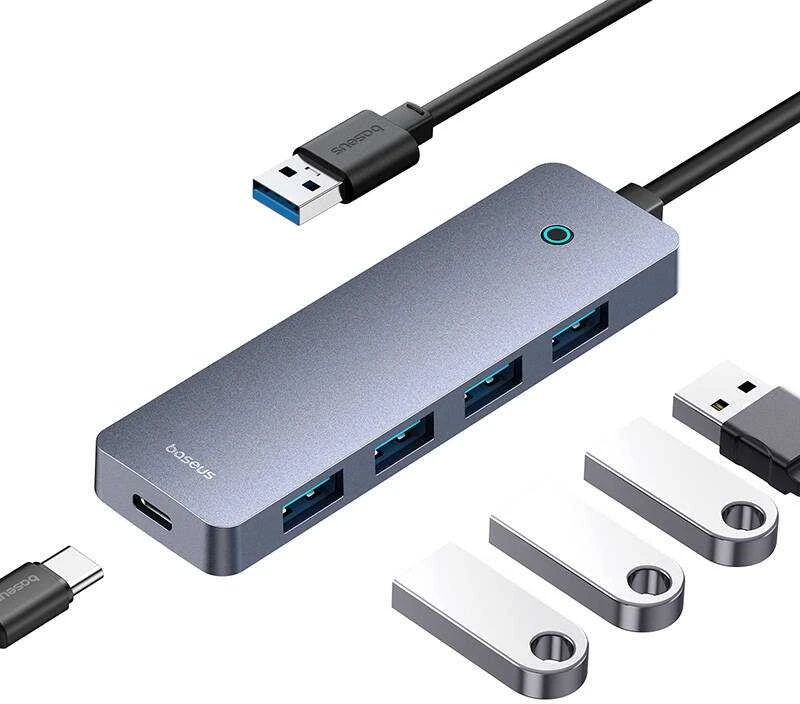 4in1 šakotuvas „Baseus UltraJoy Lite“, 15 cm, USB-A į 4x USB 3.0 + USB-C 5V (rutulinis)