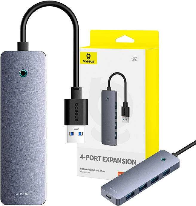 4in1 šakotuvas „Baseus UltraJoy Lite“, 15 cm, USB-A į 4x USB 3.0 + USB-C 5V (rutulinis)