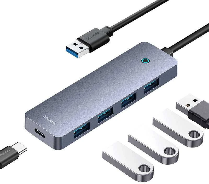 Baseus Šakotuvas USB-A 4 prievadų (USB 3.0) + USB-C maitinimui 50cm - pilkas