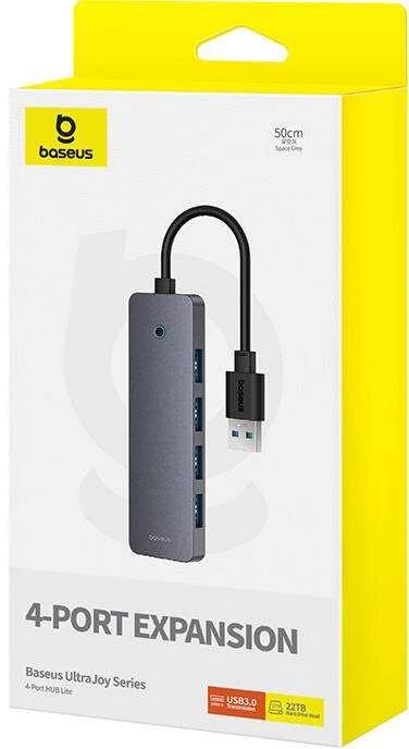 Baseus Šakotuvas USB-A 4 prievadų (USB 3.0) + USB-C maitinimui 50cm - pilkas