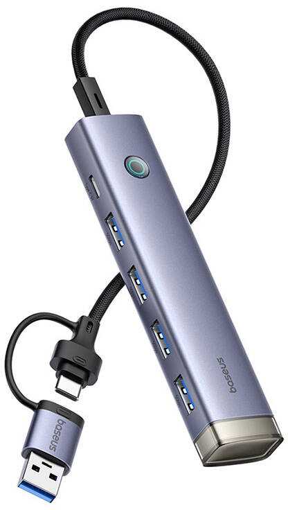 „Baseus UltraJoy“ 4in1 šakotuvas USB-A ir USB-C į 4xUSB3.0 + USB-C (pilka)