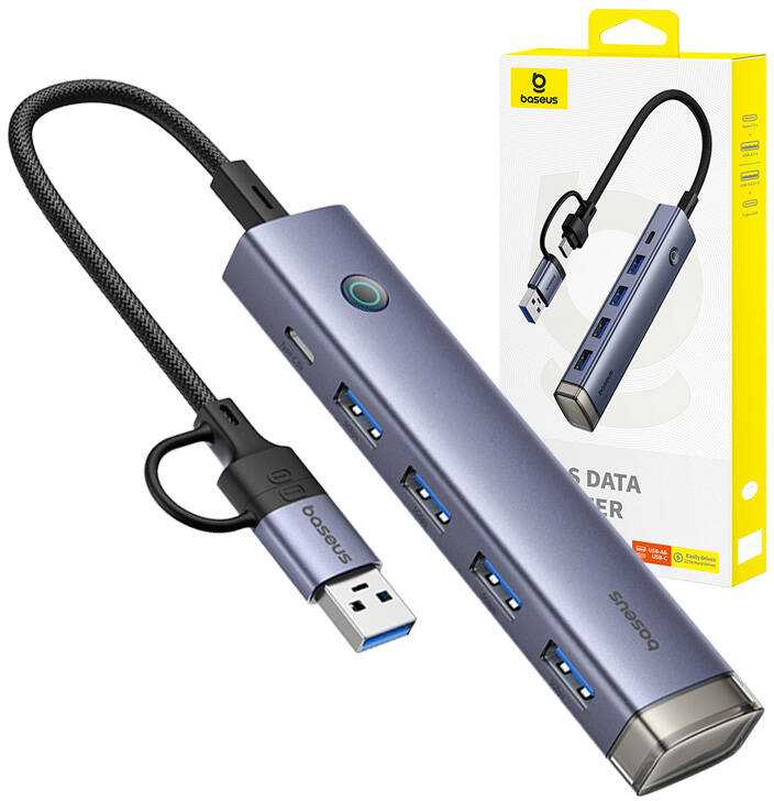 „Baseus UltraJoy“ 4in1 šakotuvas USB-A ir USB-C į 4xUSB3.0 + USB-C (pilka)