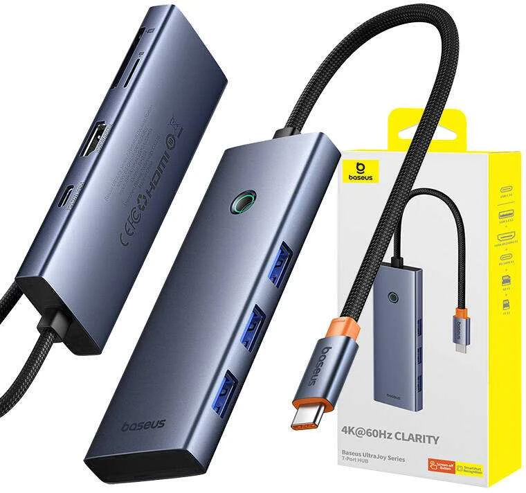 Hub 7in1 Baseus UltraJoy, USB-C – HDMI, 3xUSB 3.0, PD, SD/TF (pilka)