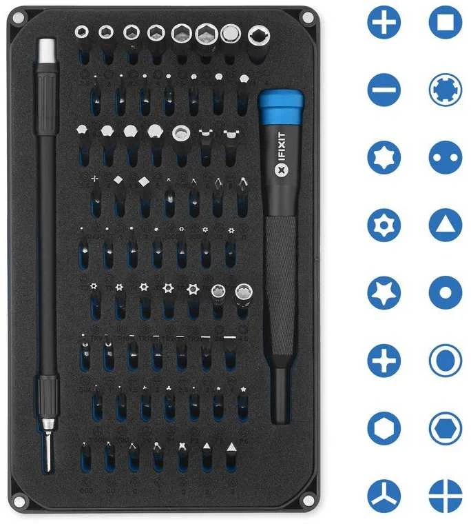 iFixit EU145307 - Įrankių rinkinys - Universalus - Atidarymo kirtiklis,Atsuktuvas,Spudger,Siurbtukas,Pincetas - Juodas,Mėlyna,Pilkas,Nerūdijantis plienas,Permatomas,Baltas - Plokščias,Apsauginis Torx,Veržliaraktis,Torx -3 pincetai