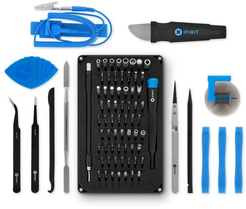 iFixit EU145307 - Įrankių rinkinys - Universalus - Atidarymo kirtiklis,Atsuktuvas,Spudger,Siurbtukas,Pincetas - Juodas,Mėlyna,Pilkas,Nerūdijantis plienas,Permatomas,Baltas - Plokščias,Apsauginis Torx,Veržliaraktis,Torx -3 pincetai