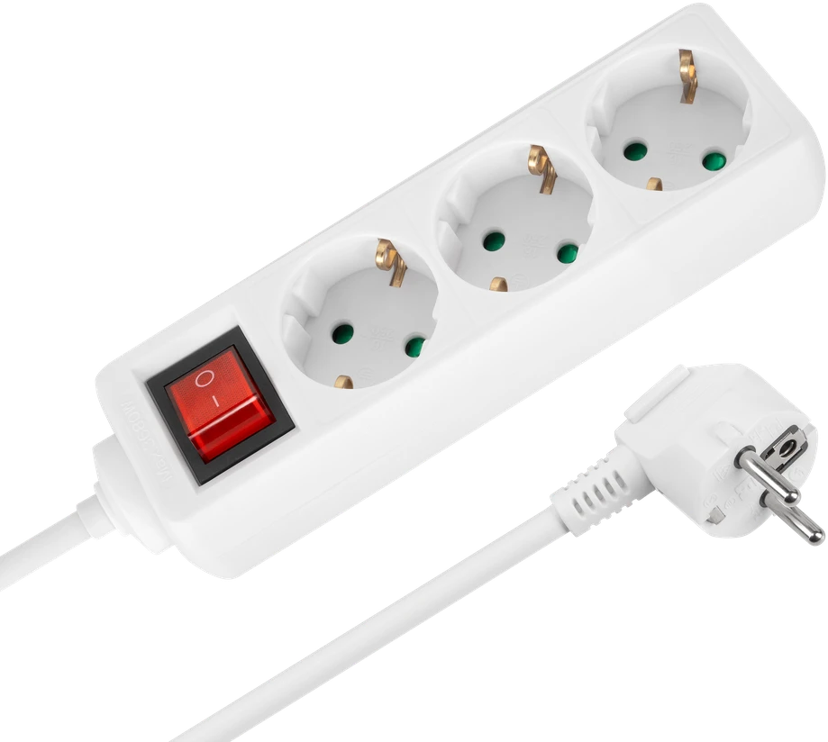Przedłużacz Prailgintuvas, 3 lizdai, 3 m, vokiško tipo, su jungikliu (3x1,5 mm), Rebel baltas