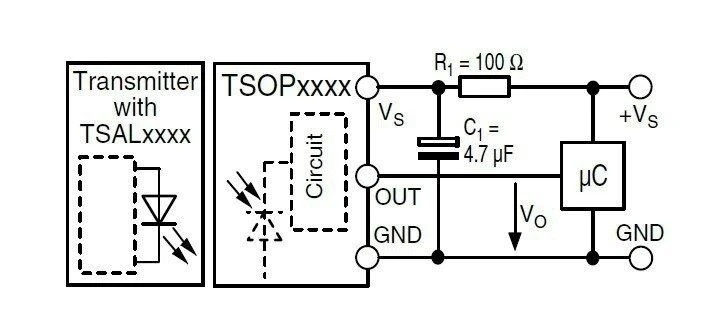 TSOP2236 infraraudonųjų spindulių imtuvo pajungimo schema