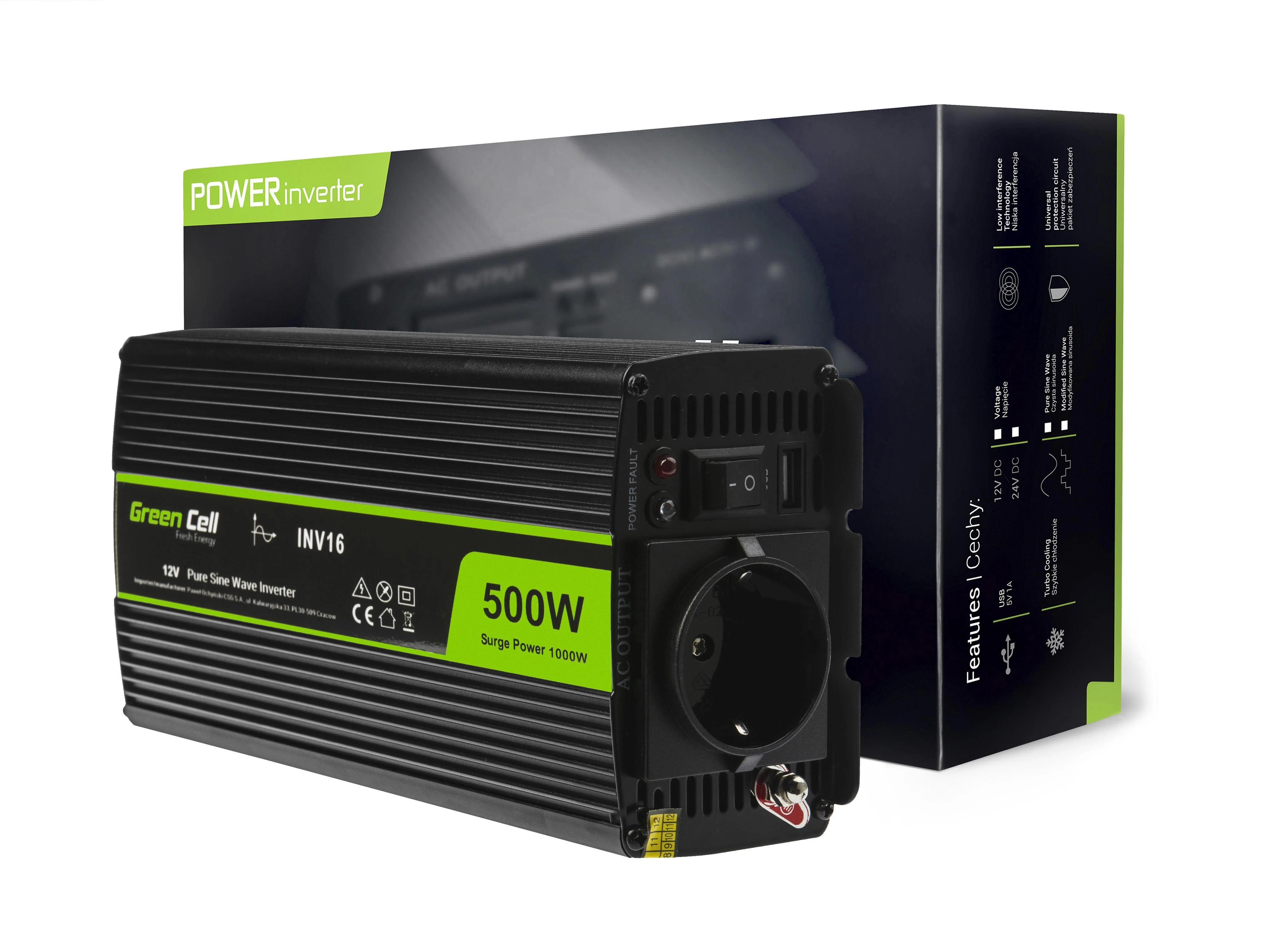 Green Cell 500W srovės keitiklis su pakuote