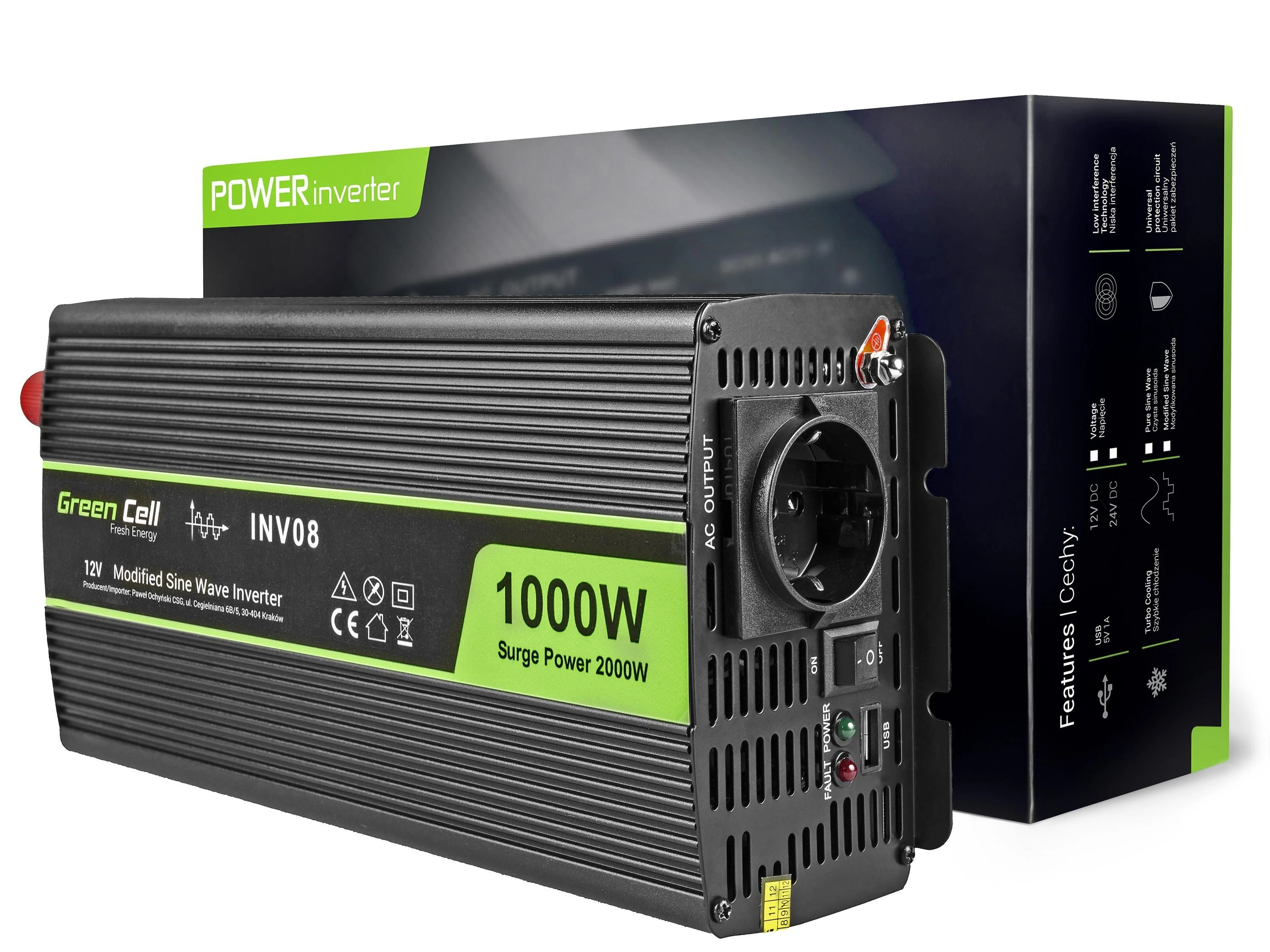 Green Cell Žalias Cell Automobilinis įtampos keitiklis Žalias Cell ® 12V do 220V, 1000W/2000W