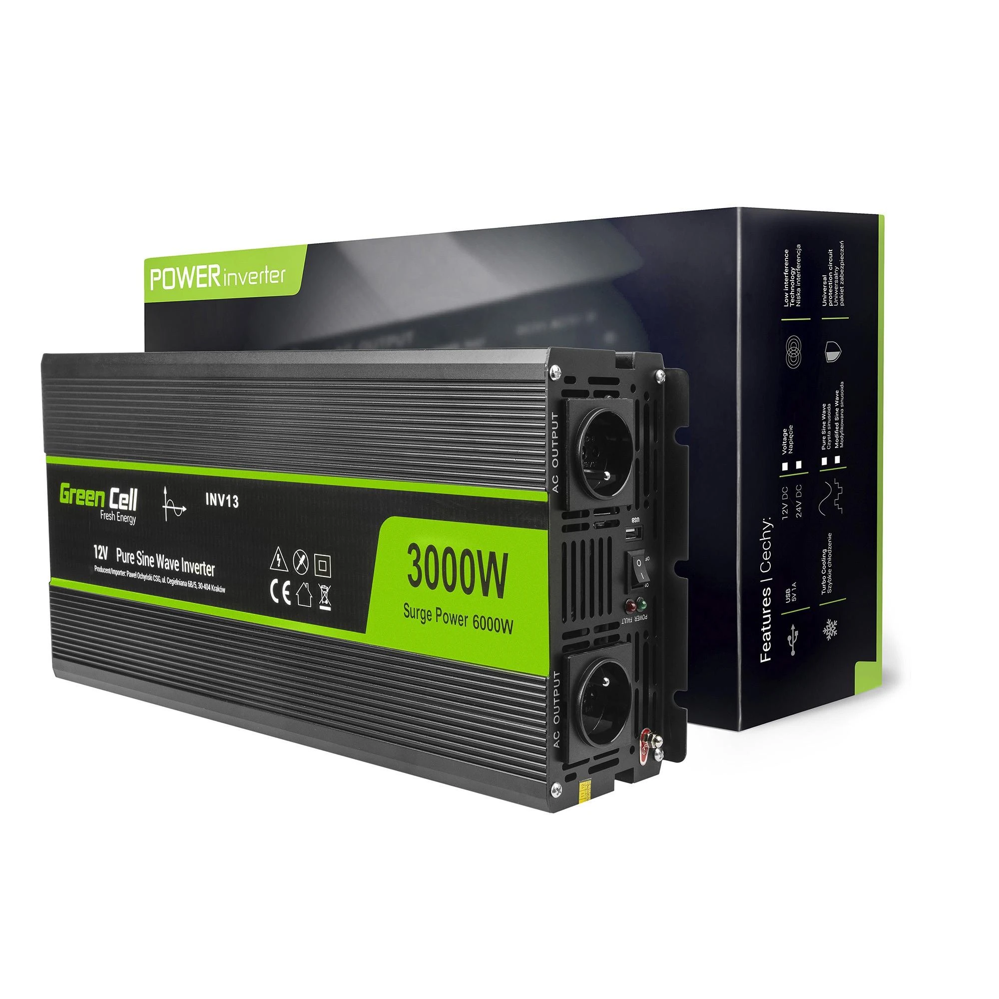 Žalias Cell Inverteris 12V/230V 3000W/6000W Sinusinė išėjimo įtampa Žalias Cell
