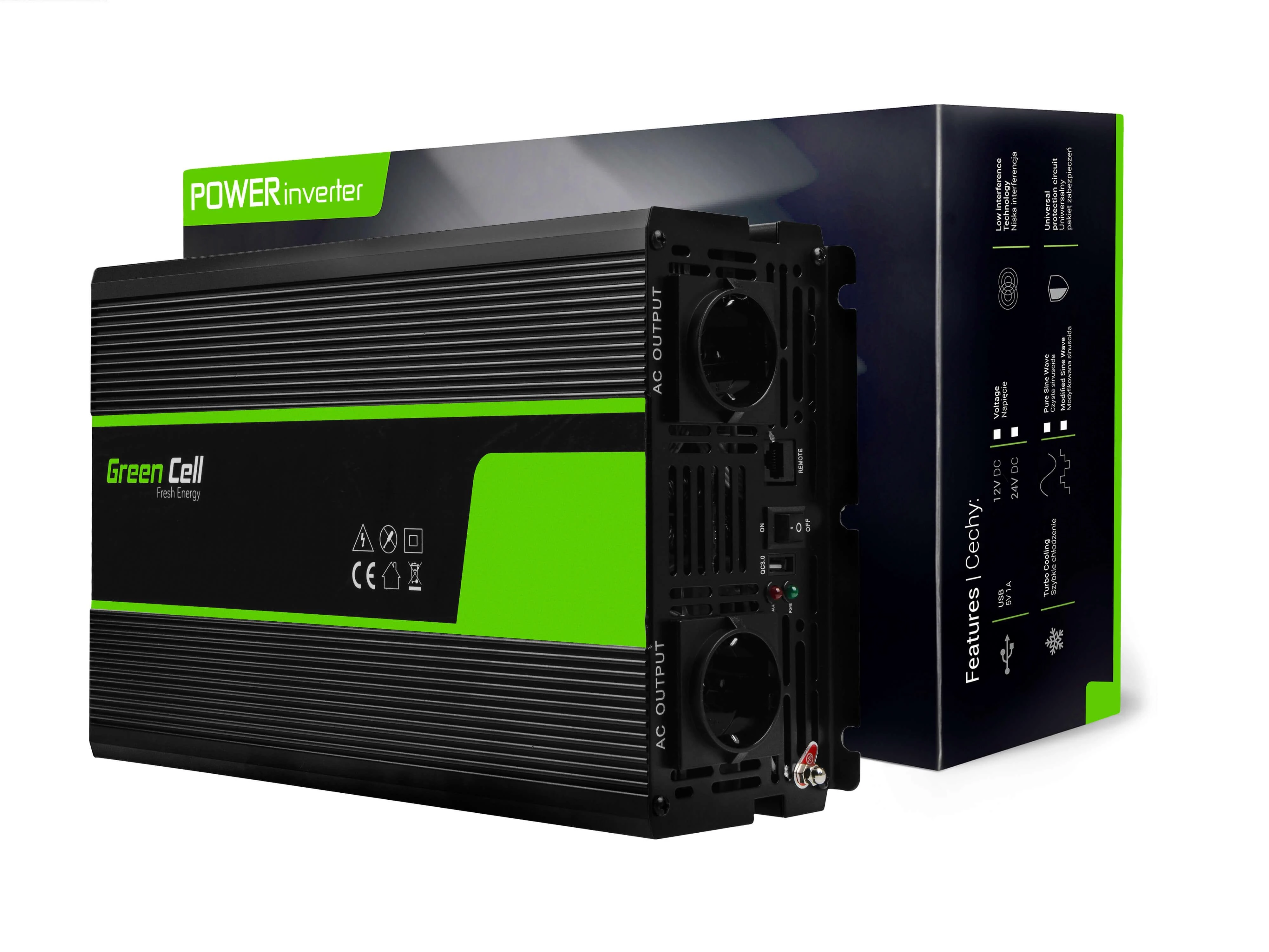 Green Cell 24V/230V 1500W įtampos keitiklis sujungtas su pakuote