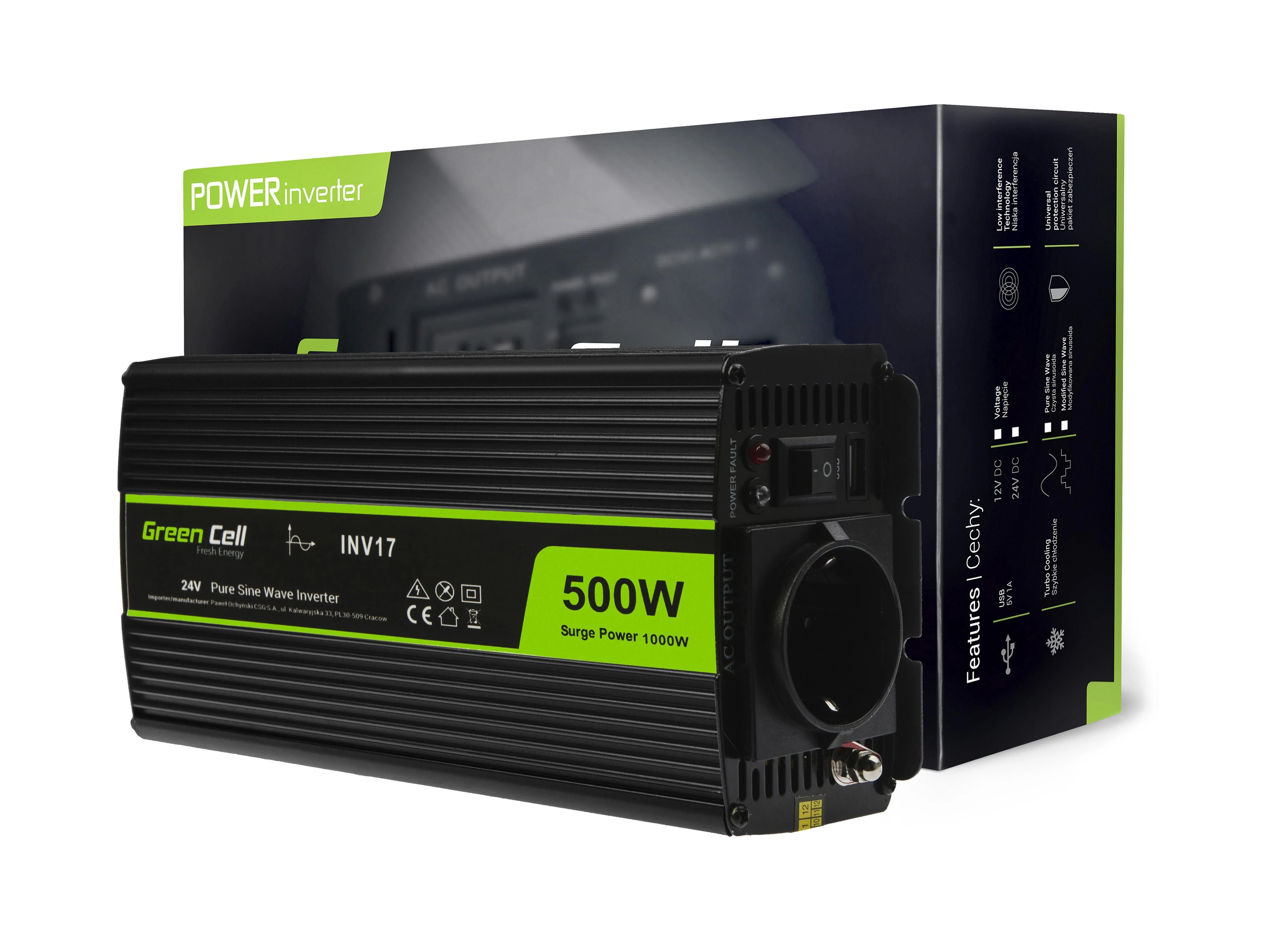 Green Cell Žalias Cell Inverteris 24V/230V 500W/1000W Sinusinė išėjimo įtampa Žalias Cell