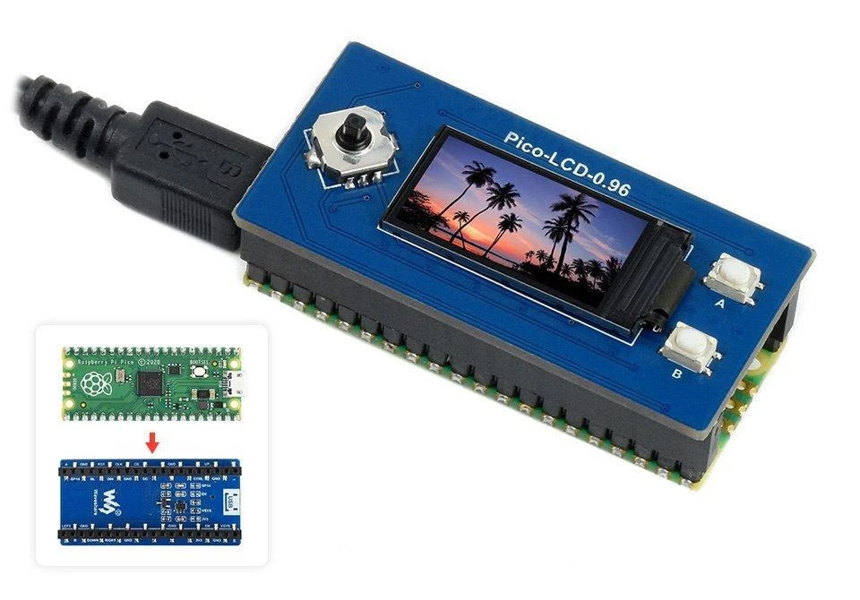 IPS LCD ekranas 0.96" 160x80px, SPI, 65K RGB, skirtas Raspberry Pi Pico, Waveshare 19653