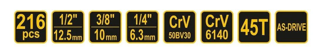 Įrankių rinkinys XXL Vorel 58700 - 1/4'', 3/8'', 1/2'' - 216 vnt