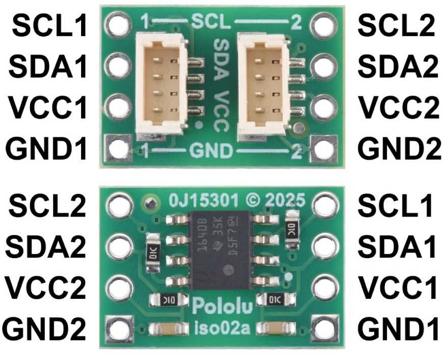 ISO1640 – dvikryptis I2C izoliatorius – JST SH 4 kontaktų – 3–5.5 V / 2.25–5.5 V – Pololu 5391