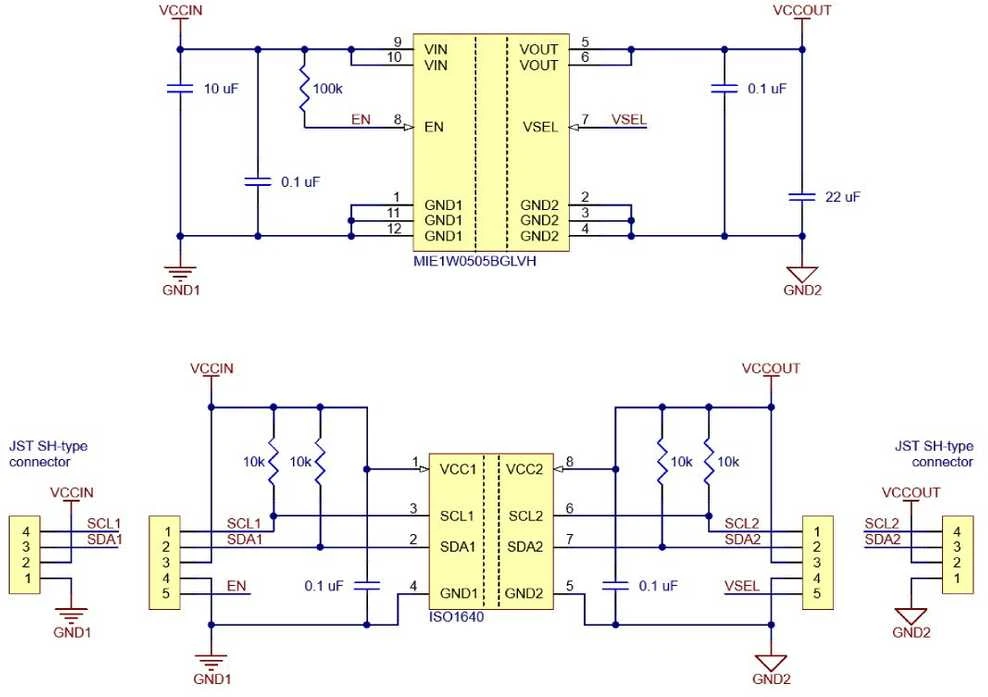 ISO1640 - Dvikryptis I2C izoliatorius su izoliuotu maitinimo šaltiniu - JST SH 4 kontaktų - 5V/3.3V, 200mA - Pololu 5393