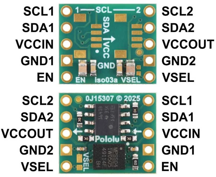 ISO1640 - Dvikryptis I2C izoliatorius su izoliuotu maitinimo šaltiniu be jungčių - 5V/3.3V, 200mA - Pololu 5392
