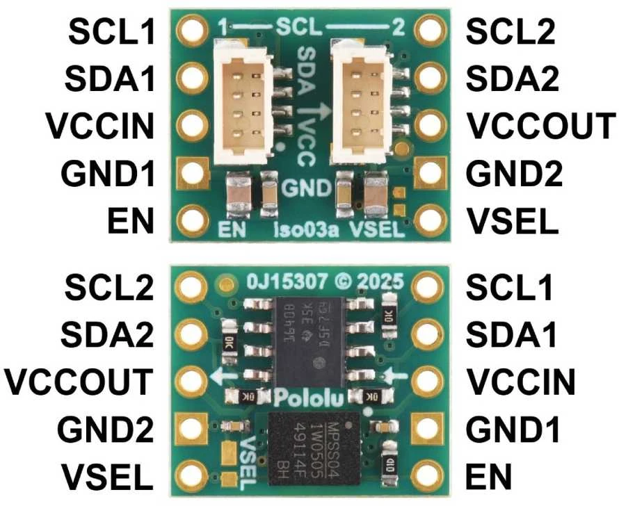 ISO1640 - Dvikryptis I2C izoliatorius su izoliuotu maitinimo šaltiniu - JST SH 4 kontaktų - 5V/3.3V, 200mA - Pololu 5393