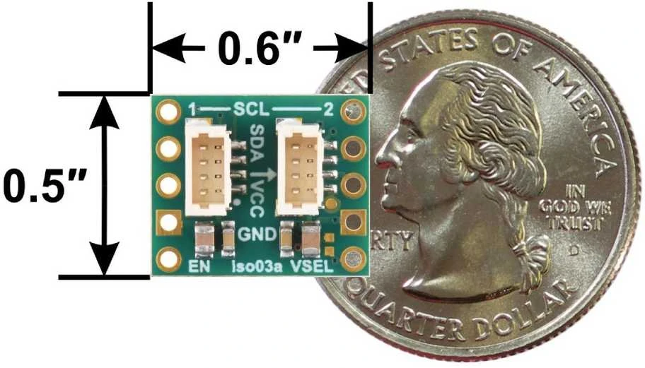 ISO1640 - Dvikryptis I2C izoliatorius su izoliuotu maitinimo šaltiniu - JST SH 4 kontaktų - 5V/3.3V, 200mA - Pololu 5393